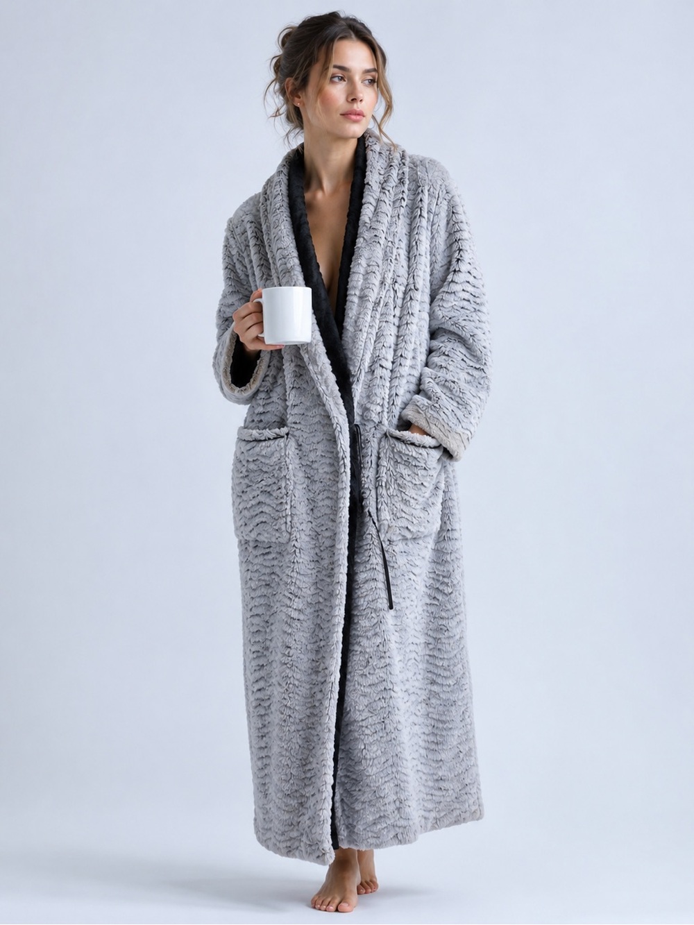 Soma Plush Faux Fur Long Wrap Robe Gray Black S/M Women Soft Cozy Loungewear